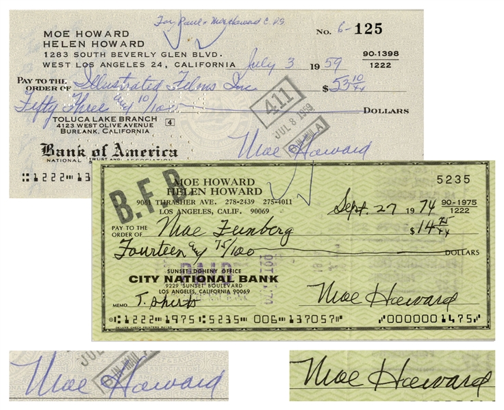 Moe Howard Lot of Two Checks Signed, Made out to Illustrated Films, Inc. Dated 3 July 1959, and Moe Feinberg, Larry's Brother, Dated 27 September 1974 -- Very Good Condition
